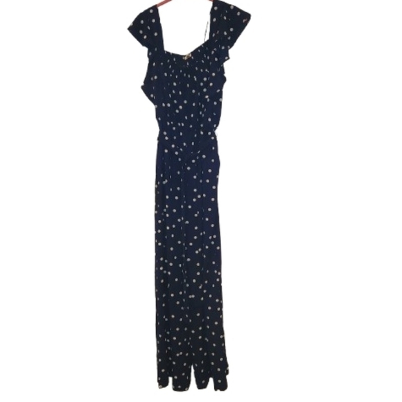 june & hudson Pants - June & Hudson Navy Jumpsuit White Polka Dots Size L/XL Flutter Sleeves Wide Leg